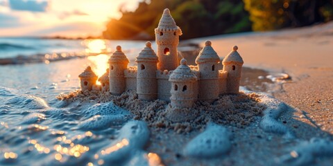 A sand castle stands tall on a sandy beach, surrounded by grains of sand under a clear sky.