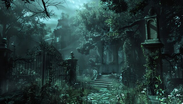 Capture the eerie atmosphere of a haunted garden with a low-angle view Use digital rendering techniques to bring out horror elements in vivid detail