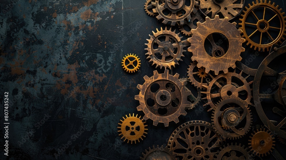 Aufkleber a collection of gears and cogs are arranged in a circle on a black background. concept of mechanical