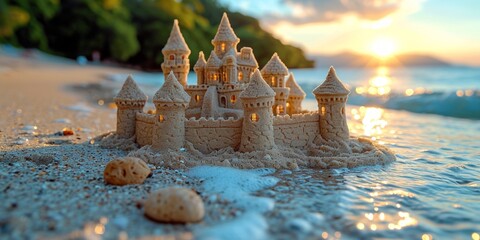 A sand castle stands tall on a sandy beach, surrounded by grains of sand under a clear sky.