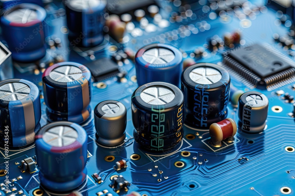 Poster a blue circuit board with many small blue and black components. concept of complexity and technicali