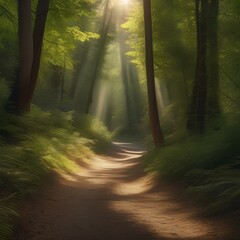A peaceful forest trail with sunlight filtering through the trees and birdsong in the air1