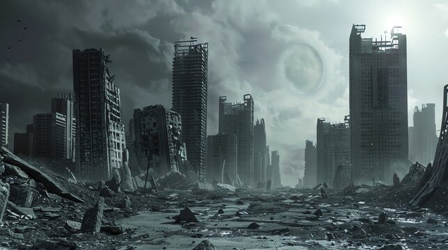 Unveil a dystopian future by illustrating a low-angle perspective of a post-apocalyptic city skyline, integrating cryptic symbols of a long-forgotten civilization Focus on Digital Rendering Techniques