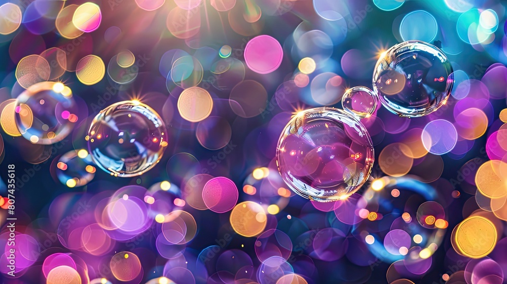 Poster a colorful image of bubbles floating in the air. the bubbles are of different sizes and colors, crea