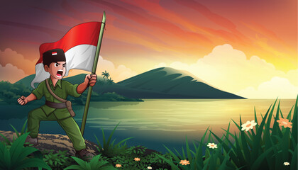 Indonesian national heroes holding red and white flag beside the lake vector illustration