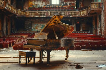 A piano is sitting in a large empty auditorium. The piano is old and has a worn appearance