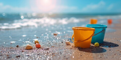 plastic сhildren's beach toys and a starfish on sand near sea. Summer vacation concept