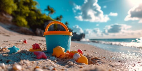 plastic сhildren's beach toys and a starfish on sand near sea. Summer vacation concept