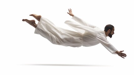 Man in white garb performing horizontal levitation against a white background.