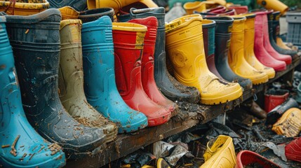 A row of dirty rain boots are stacked on top of each other. The boots are of different colors and sizes, and they appear to be in various stages of wear and tear. Concept of disarray and neglect - Powered by Adobe