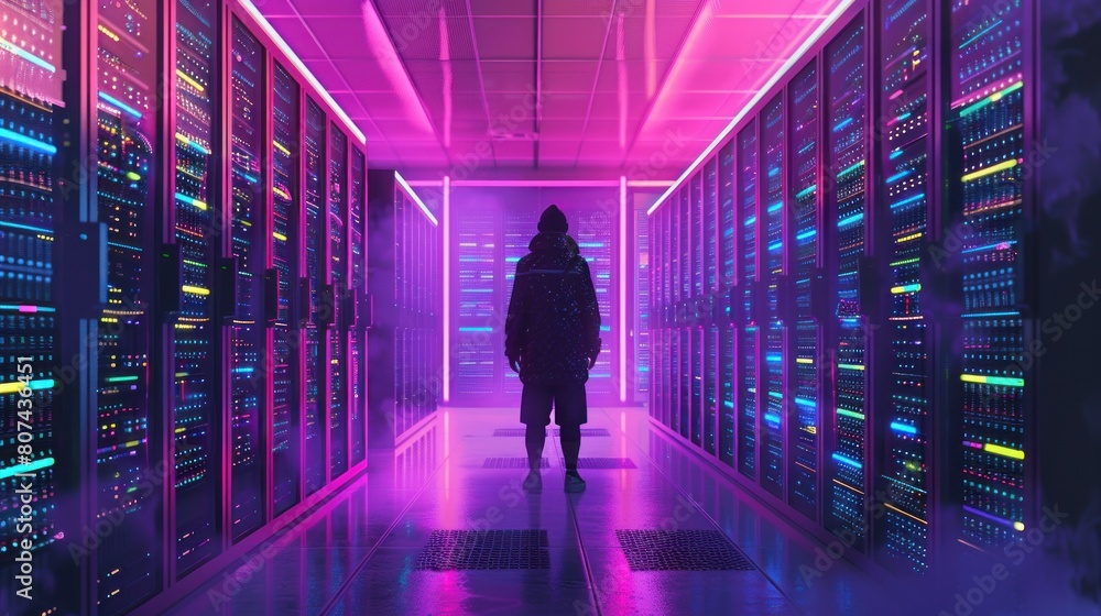 Poster man standing in server room of large data center. computer engineering and big data concept