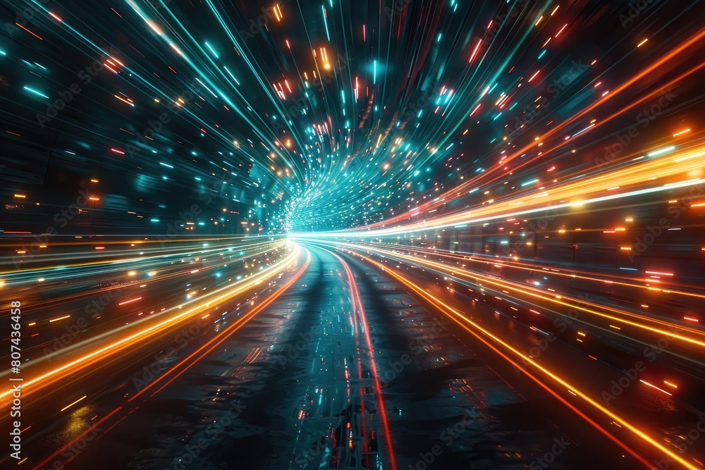 Poster a colorful, blurry image of a tunnel with a bright orange line. the image is abstract and has a sens