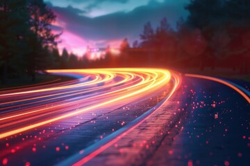 A road with a bright orange line on it. The road is empty and the sky is cloudy