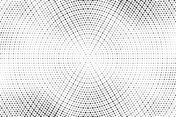 Abstract radial halftone gradient background. Dotted concentric texture with fading effect. Black and white circle shade wallpaper. Grunge rough vector. Monochrome dotted backdrop design element.