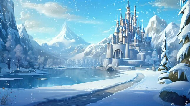 Snowy castle by the lake in a winter landscape. Majestic fortress in a frozen wonderland.
Seamless looping 4k time-lapse virtual video animation background. Generated AI