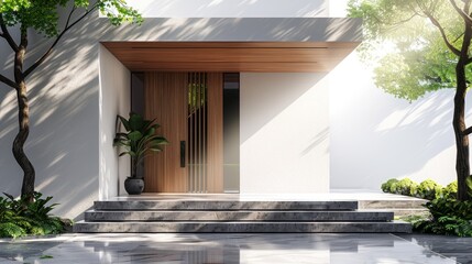 New house with wooden front door surrounded by trees Clean, modern white walls capture the essence of contemporary living. It provides a tranquil and inviting atmosphere.