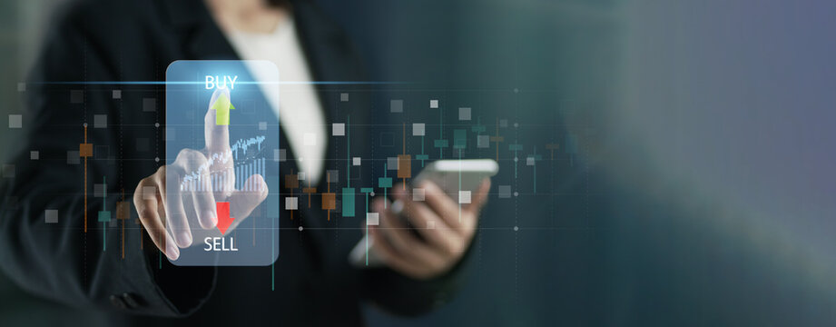 Businessman reading financial stock market analysis on smartphone. Woman using smartphone buy cryptocurrency, blockchain investment, decentralize and Stock market. Young woman trading online. - Powered by Adobe