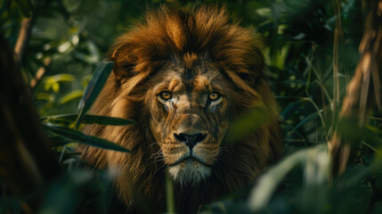 Fototapeta premium A lion lurks from the shadows of the dense forest foliage