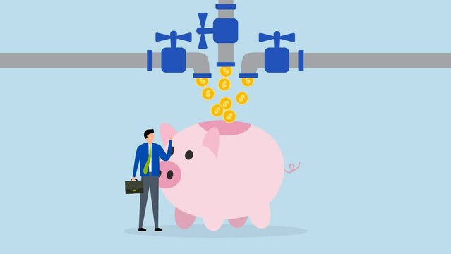 Multiple streams of income, 4k animation of rich businessman stands from pipe with many cash flows to rich piggy bank.