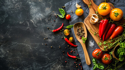 Food dark stone background with copy space on the left. Cooking paste sauce fresh organic veggies