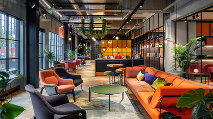 Coworking space for different creative flows. 3D photo of modern office work space with many areas