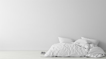 White bed mockup style room photo with copy space on the left. Empty home bedroom modern background