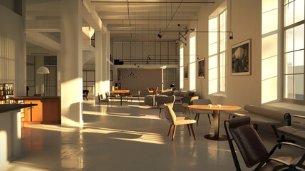 Coworking space for different creative flows. 3D photo of modern office work space with many areas