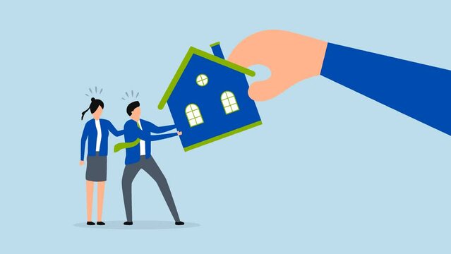 Eviction and mortgage debt, 4k animation of bankrupt man and family fight major court battle to keep their house, only to have it evicted by law.