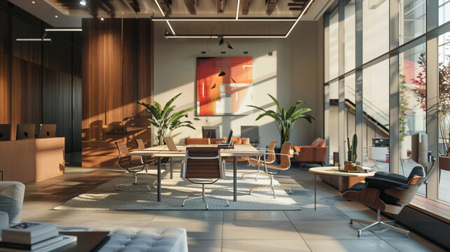 Coworking space for different creative flows. 3D photo of modern office work space with many areas