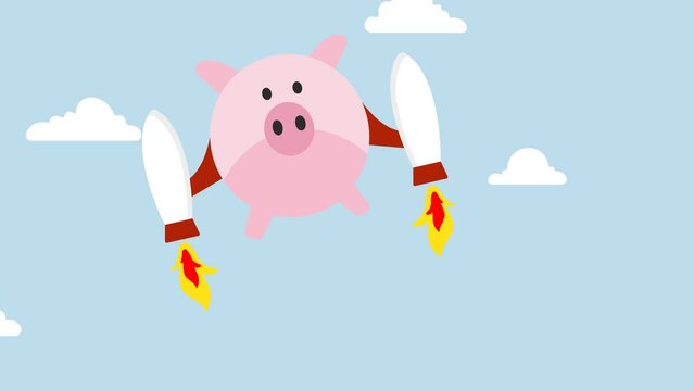 Boost financial earning, 4k animation of pink piggy bank with rocket booster wing flying fast high in sky.