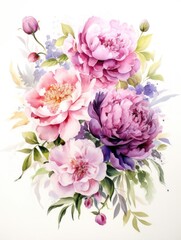 A vibrant watercolor illustration of blooming peonies and roses fills the center of a white background The petals blend in soft pinks and purples