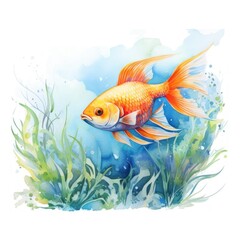 Naklejka premium A vibrant watercolor illustration of a colorful fish swimming through clear blue waters The fish s orange