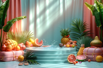 Empty stylish podium 3D mockup background for beauty product presentation. Summer transparent copy space platform surrounded by palm leaves . Cosmetics, perfume or home goods advertising stand.
