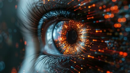 Eye of futuristic and Innovative, eye with binary code, eyes and vibrant neon neural network, representing futuristic technology, Cyber security and data protection concept with face, 