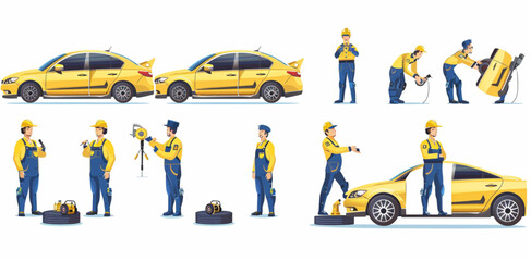 set of vector illustrations depicting an auto mechanic in different poses and expressions while working on a yellow car, with a blue uniform on a white background