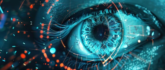 Eye of futuristic and Innovative, eye with binary code, eyes and vibrant neon neural network, representing futuristic technology, Cyber security and data protection concept with face, 
