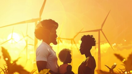 family in the community with wind generators turbines, Wind turbines are alternative electricity sources, the concept of sustainable AI generated