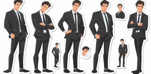 Sticker sheet of full body business man in black suit, various facial expressions and poses, office background, vector illustration