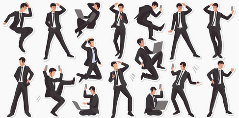 Sticker sheet of various poses and expressions for business man in black suit, white background, vector illustration, simple flat design