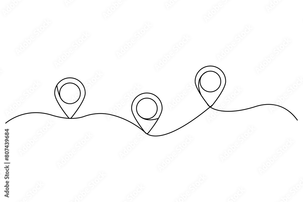 Poster minimalist location pins vector. continuous line drawing. navigation route illustration. map concept