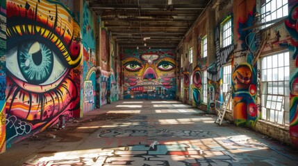 Naklejka premium urban art exhibition, an old warehouse turned into a vibrant graffiti gallery, featuring eye-catching street art covering every inch of the walls