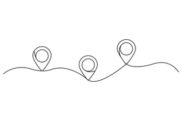 Minimalist location pins vector. Continuous line drawing. Navigation route illustration. Map concept
