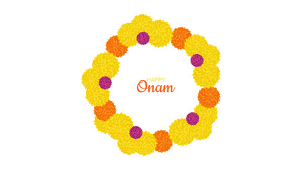 Onam Indian Festival Kerala State. Wreath of flowers. Floral patterns. Happy Onam holiday. Poster Banner Design. Vector illustration.