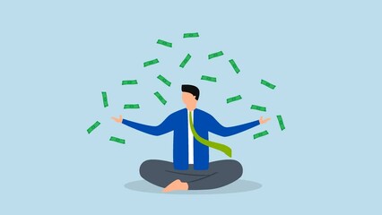 financial mindset, 4k animation of calm businessman meditating with falling money coming in