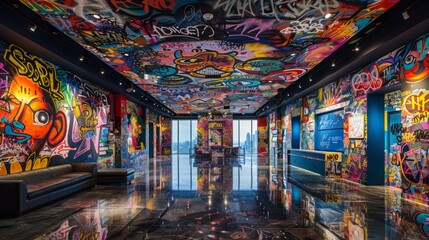 Obraz premium ceiling graffiti art, the rooms ceiling is adorned with a vivid graffiti mural, showcasing intricate designs and vibrant colors that capture attention and offer an immersive atmosphere