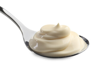 Natural yogurt in spoon isolated on white