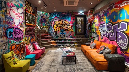 urban graffiti art, various graffiti styles and techniques blend to form a visually striking and lively interior design