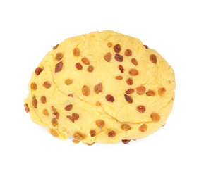 Dough with raisins isolated on white, top view