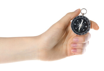 Woman holding compass on white background, closeup. Tourist equipment