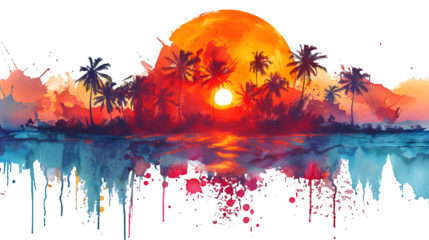 Sunset from a beach made from paint splash isolated on a transparent background, PNG, Ai